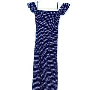 Navy Blue Polka Dot Maxi Dress (Off-the-Shoulder)